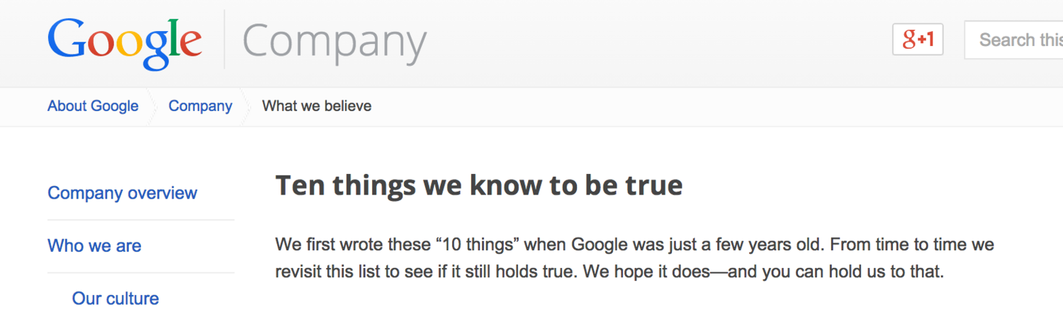 ten things we know to be true by Google